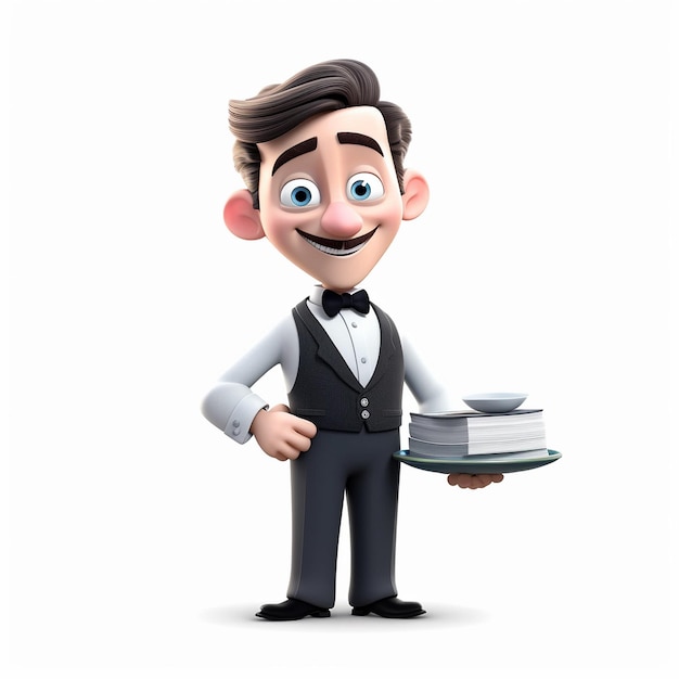 Pixar_cartoon_cute_friendly_healthy_cute_little_butler_sonriendo sobre un fondo blanco