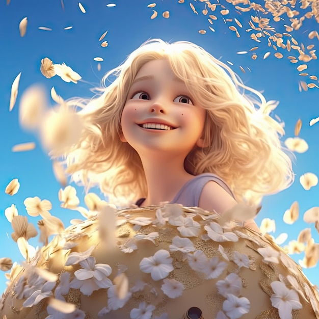 Pixar Illustration 3D goldene Stunde strahlend blauer Himmel glückliches süßes Mädchen
