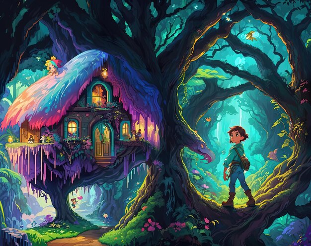 Foto pixel adventure enchanting cover for children's book set in dark forests