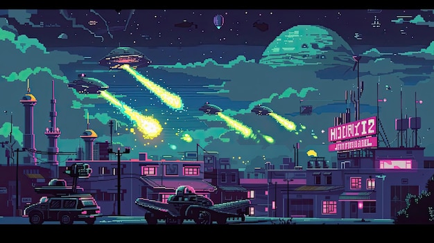 Pixel Alien Invasion Style Vintage Pixel Art Design Gaming Kultur 8 Bit Grafik Klassisches Videospiel Außerirdisches Raumschiff r Generiert von KI