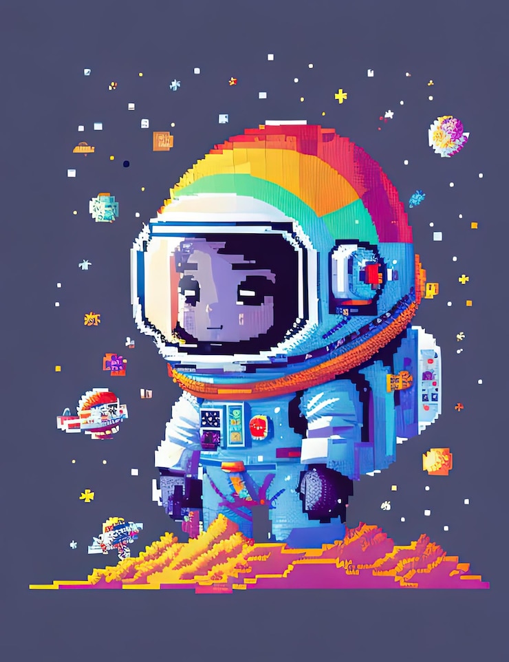 Foto pixel art adventures adorables astronautas galaxy stars y diseños de camisetas en estilo 64bit
