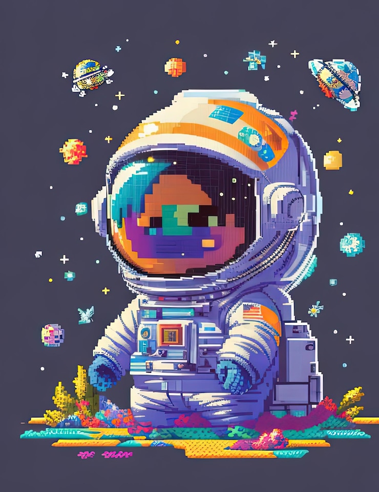 Foto pixel art adventures adorables astronautas galaxy stars y diseños de camisetas en estilo 64bit