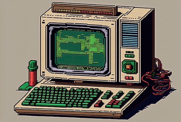 Pixel-Art alter Computer mit Landschafts-Wallpaper-Hintergrund im Retro-Stil für 8-Bit-Spiel-AI