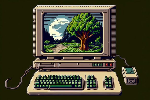 Pixel-Art alter Computer mit Landschafts-Wallpaper-Hintergrund im Retro-Stil für 8-Bit-Spiel-AI