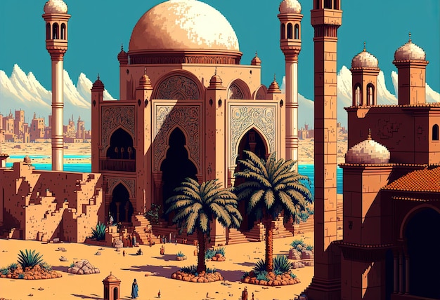 Foto pixel art antigua ciudad árabe en el desierto con edificios y palmeras de fondo juego de 8 bits ai
