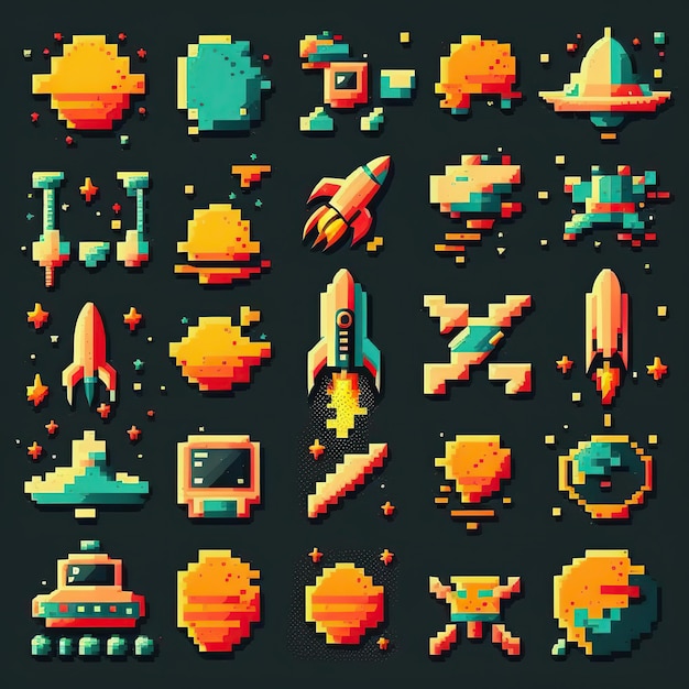 Pixel art assets espacio 16 bits 8 bits Retro vintage