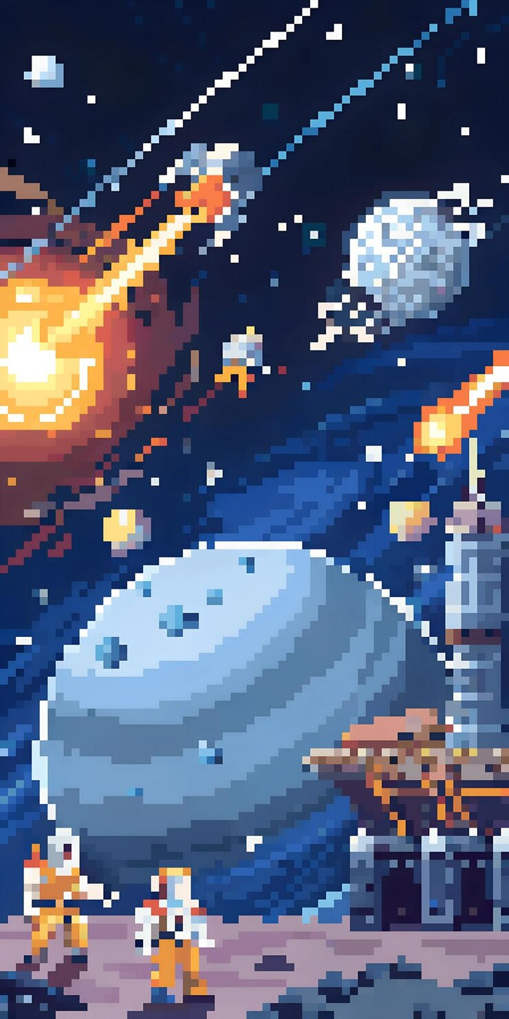 Foto pixel art aventura espacial los astronautas exploran el paisaje cósmico y la lluvia de meteoritos