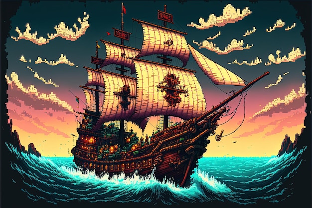 Pixel art barco pirata navegando en alta mar fondo en estilo retro para juego de 8 bits AI