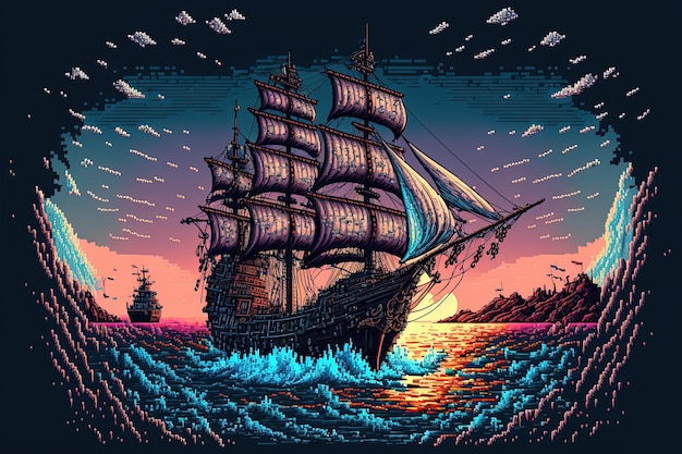 Pixel art barco pirata navegando en alta mar fondo en estilo retro para juego de 8 bits AI