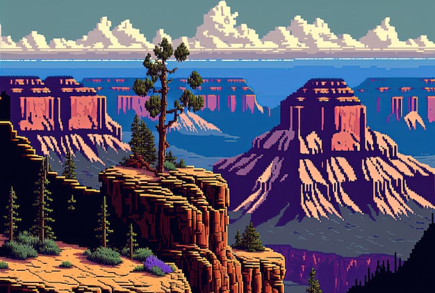 Pixel art canyons do Grand Canyon com fundo dos Estados Unidos em estilo retro para jogo de 8 bits AI