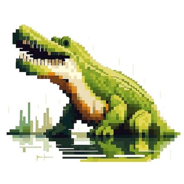 Foto un pixel art de un cocodrilo en verde y blanco.