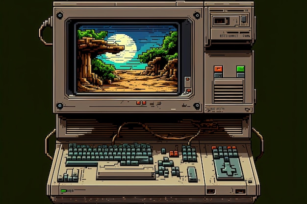Pixel art computador antigo com fundo de papel de parede de paisagem em estilo retro para AI de jogo de 8 bits