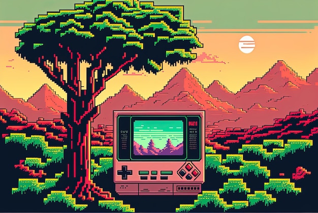 Pixel art console de videogame antigo em fundo de paisagem em estilo retro para AI de jogo de 8 bits