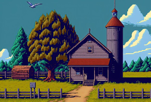 menu de jogo de fazenda de pixel art. paisagem da tela inicial do jogo de 8  bits com trator, casa, celeiro, moinho, silo, árvore, fundo de cerca  11484046 Vetor no Vecteezy