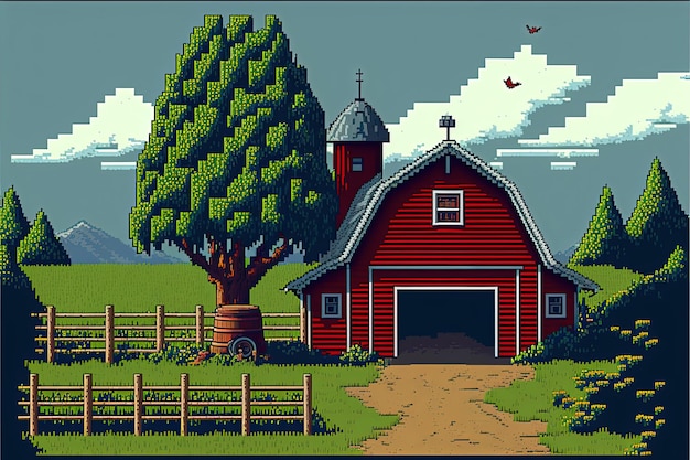 Pixel art da fazenda com cerca de silo de celeiro e fundo de árvores em estilo retrô para jogo de 8 bits AI