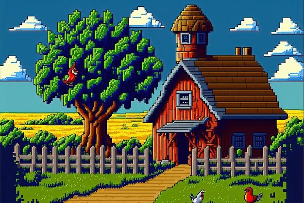 Pixel art da fazenda com cerca de silo de celeiro e fundo de árvores em estilo retrô para jogo de 8 bits AI