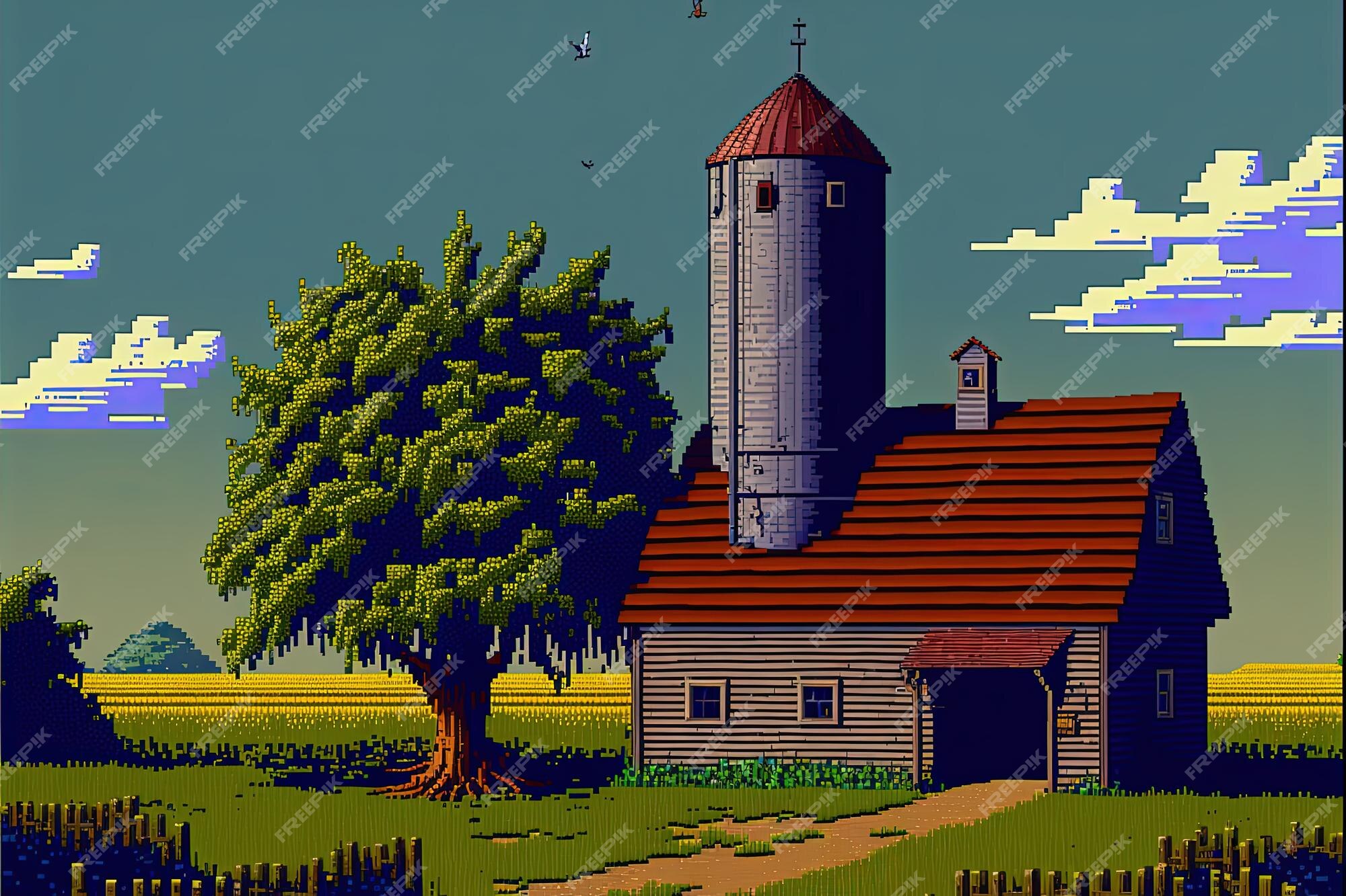 Cena de fazenda de pixel art com trator, celeiro, silo, moinho