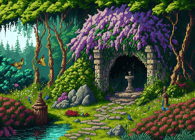 Pixel-Art-Fantasie-Garten im magischen Wald mystischer Garten-Hintergrund im Retrostil für 8-Bit-Spiel AI