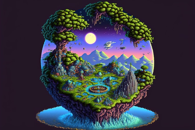 Pixel-Art-Fantasie-Mini-Planeten-Hintergrund im Retro-Stil für ein 8-Bit-Spiel Generative KI