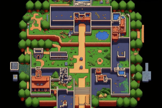 Foto pixel art fantasy rpg mapa de juego vista superior fondo en estilo retro para juego de 8 bits ia generativa