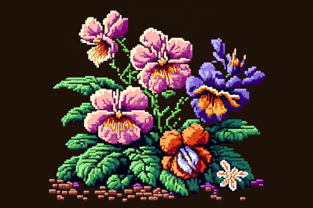 Foto pixel art flores e plantas de fundo em estilo retro e 8bit ai gerativa