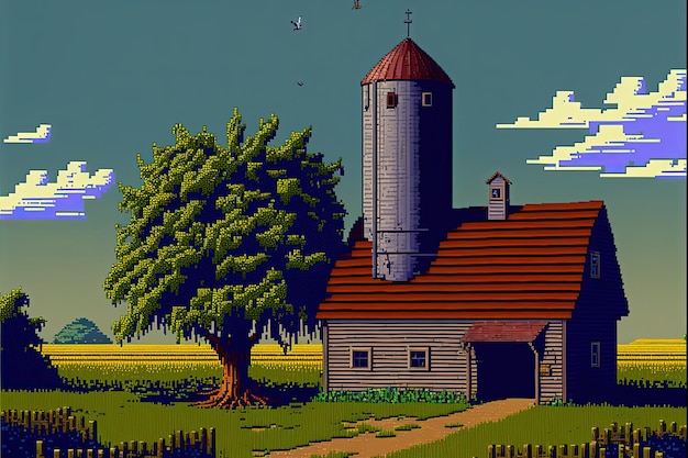 Pixel art de granja con cerca de silo de granero y fondo de árboles en estilo retro para IA de juegos de 8 bits