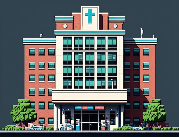 Pixel art hospital fondo de la fachada delantera del hospital en estilo retro para juego de 8 bits IA generativa