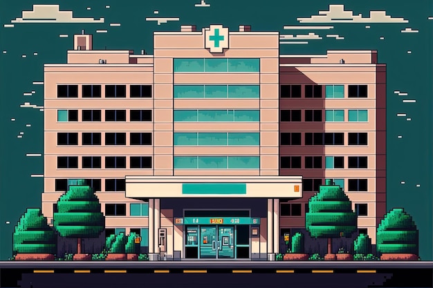 Pixel art hospital fondo de la fachada delantera del hospital en estilo retro para juego de 8 bits IA generativa
