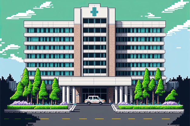 Pixel art hospital fondo de la fachada delantera del hospital en estilo retro para juego de 8 bits IA generativa