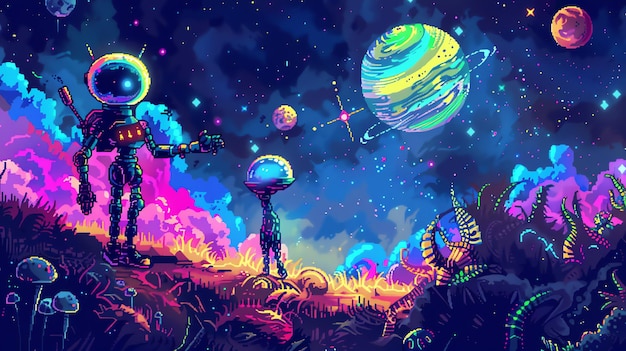 Pixel-Art-Illustration von zwei Robotern in einer farbenfrohen sternenfarbenen Weltraumlandschaft