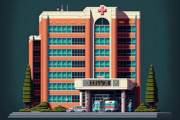 Pixel-Art-Krankenhaus-Fassaden-Hintergrund im Retrostil für ein 8-Bit-Spiel Generative KI