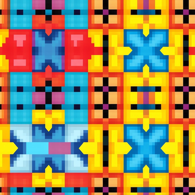 Foto pixel art laranja e azul em padrão uniforme de 8 bits