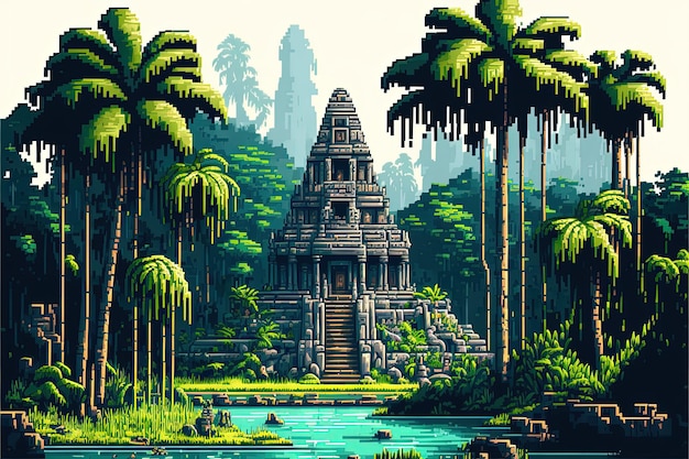 Pixel-Art Maya-Tempel alte Maya-Pyramide im Wald-Hintergrund im Retro-Stil für 8-Bit-KI