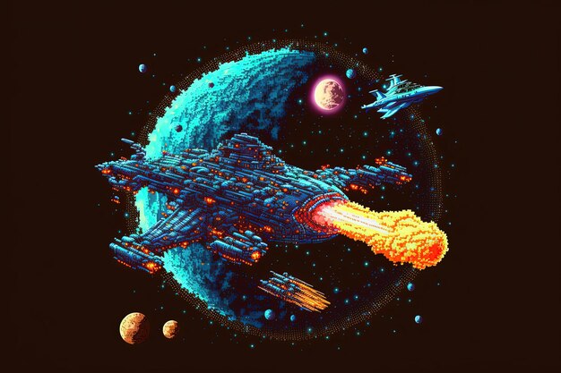 Pixel art de la nave espacial volando sobre el fondo de los planetas en estilo retro para el juego de 8 bits AI