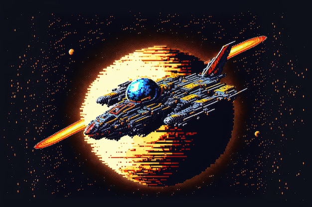 Pixel art de la nave espacial volando sobre el fondo de los planetas en estilo retro para el juego de 8 bits AI