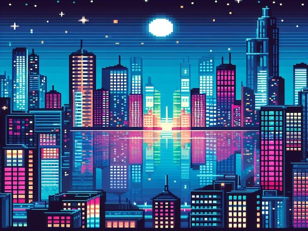 Pixel art neon cidade noturna com edifícios panorama de fundo