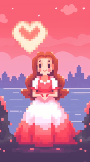 pixel art de una niña con un vestido sosteniendo un corazón