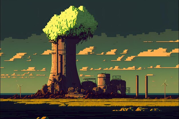 Pixel-Art-Nuklearkraftwerk-Hintergrund im Retrostil für 8-Bit-Spiel-AI