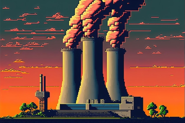 Pixel-Art-Nuklearkraftwerk-Hintergrund im Retrostil für 8-Bit-Spiel-AI