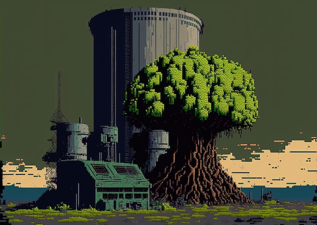 Pixel-Art-Nuklearkraftwerk-Hintergrund im Retrostil für ein 8-Bit-Spiel Generative KI