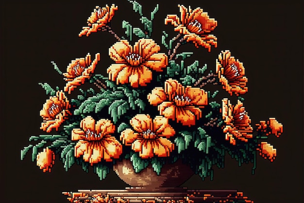 Pixel Art orange Blüten Blüte im Retro-Stil für 8-Bit-Spiel Generative KI