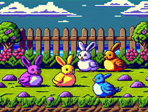 Pixel-Art-Osterszene mit Kaninchen und Eiern im Gartenlandschaft Hintergrund für 8-Bit-Spiel AI