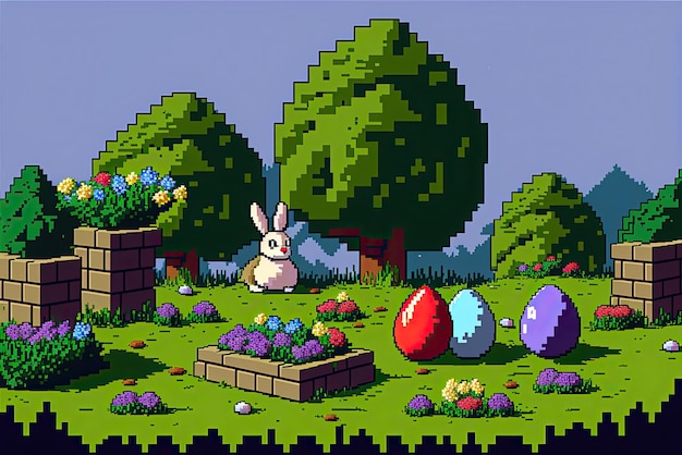 Pixel-Art-Osterszene mit Kaninchen und Eiern im Gartenlandschaft Hintergrund für 8-Bit-Spiel AI