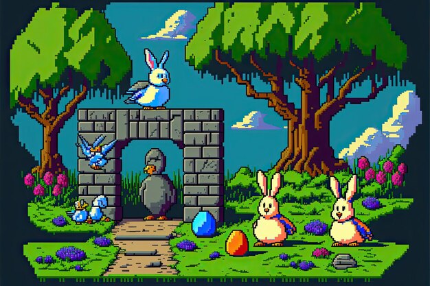 Pixel-Art-Osterszene mit Kaninchen und Eiern in Gartenlandschaft für 8-Bit-Spiel-AI