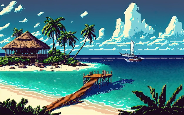 Pixel art paraíso ilha resort praia bangalô paisagem em estilo retro para jogo de 8 bits AI