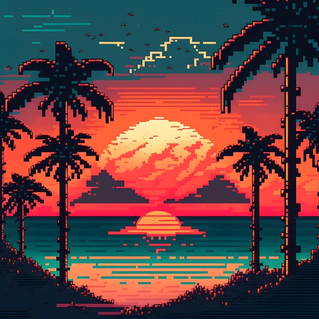 Pixel art de una puesta de sol con palmeras y montañas