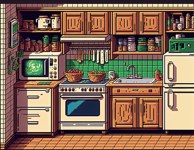 Pixel art retro vista de cocina antiguo fondo de cocina en estilo retro para juego de 8 bits IA generativa