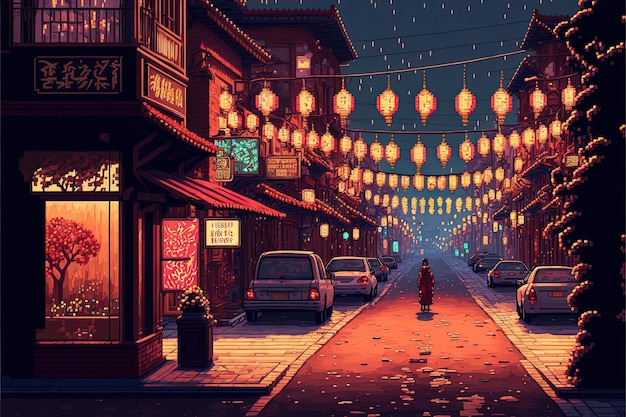 Foto pixel art rua chinesa com lâmpadas de templos e árvores fundo do ano novo chinês jogo de 8 bits ai