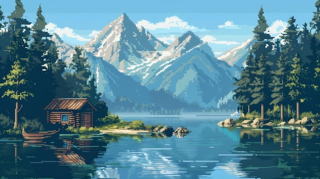 Pixel Art Serene Mountain See-Szene für das Spiel Hintergrund mit gemütlicher Hütte majestätische Berge und reflektierendes Wasser