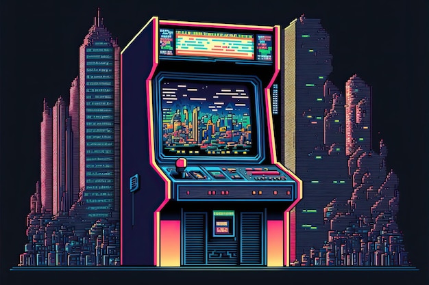 Pixel art slot machine arcade com fundo de cidade em estilo retro para jogo de 8 bits Generative AI